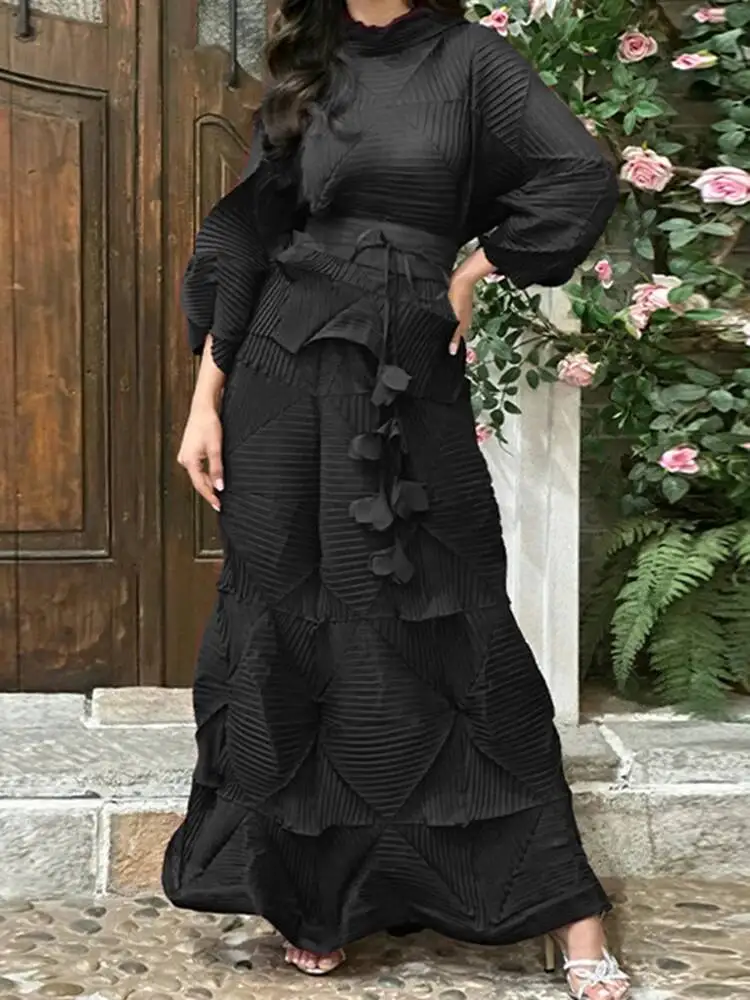 2 Pieces Sets For Women Handmade Pleated Bandage Shirt Top+long Length Fold Skirt Female Luxury Clothing 2KU2V