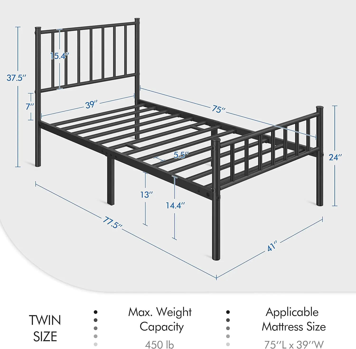 Cadre de lit double en métal, base de matelas avec broche, planche de sauna et pied de lit, pas besoin de ressort de boîte