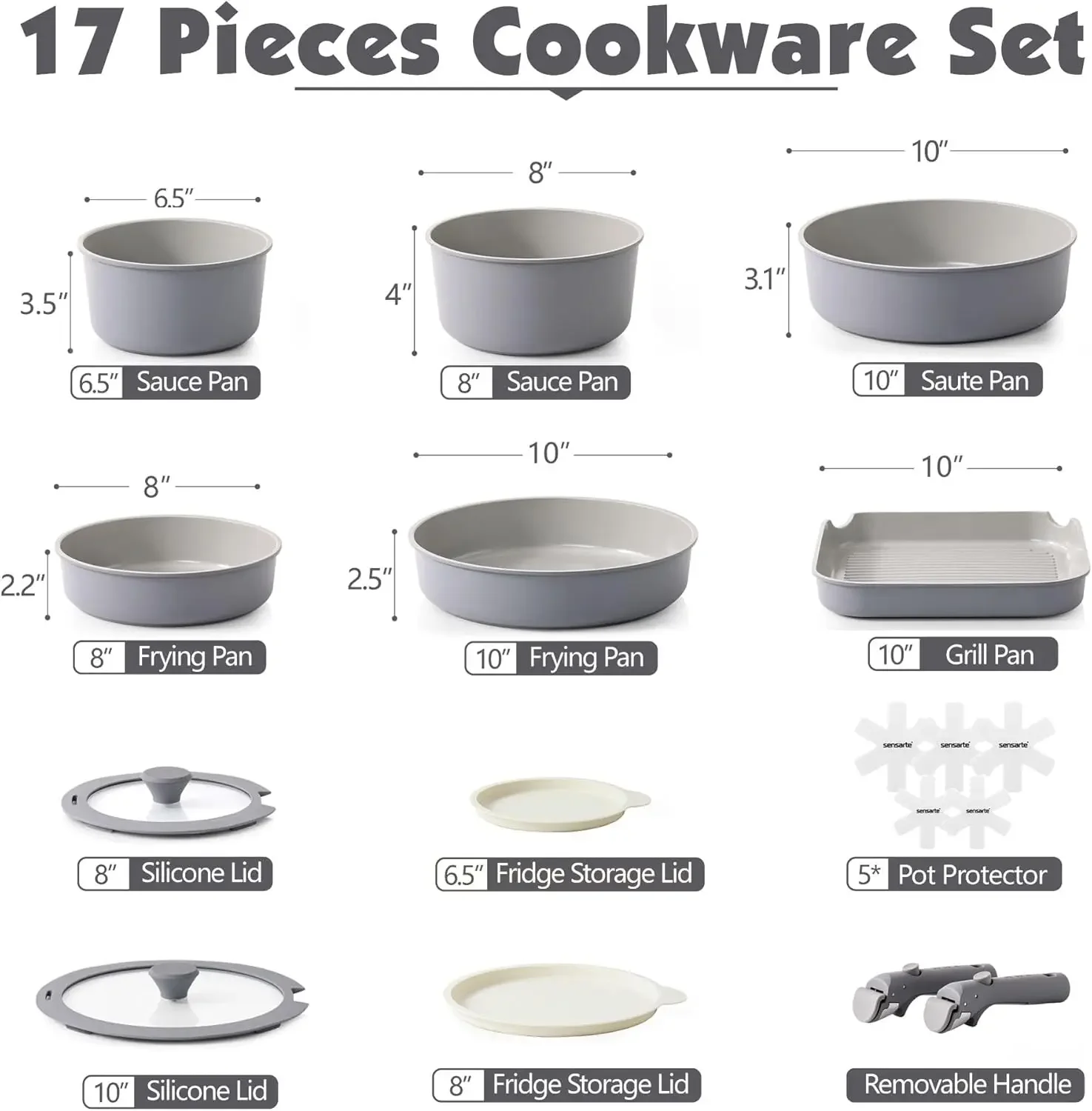 17 Piece Ceramic Pots and Pans Set, Nonstick Detachable Handle Cookware, Induction Kitchen Cookware Set with Removable