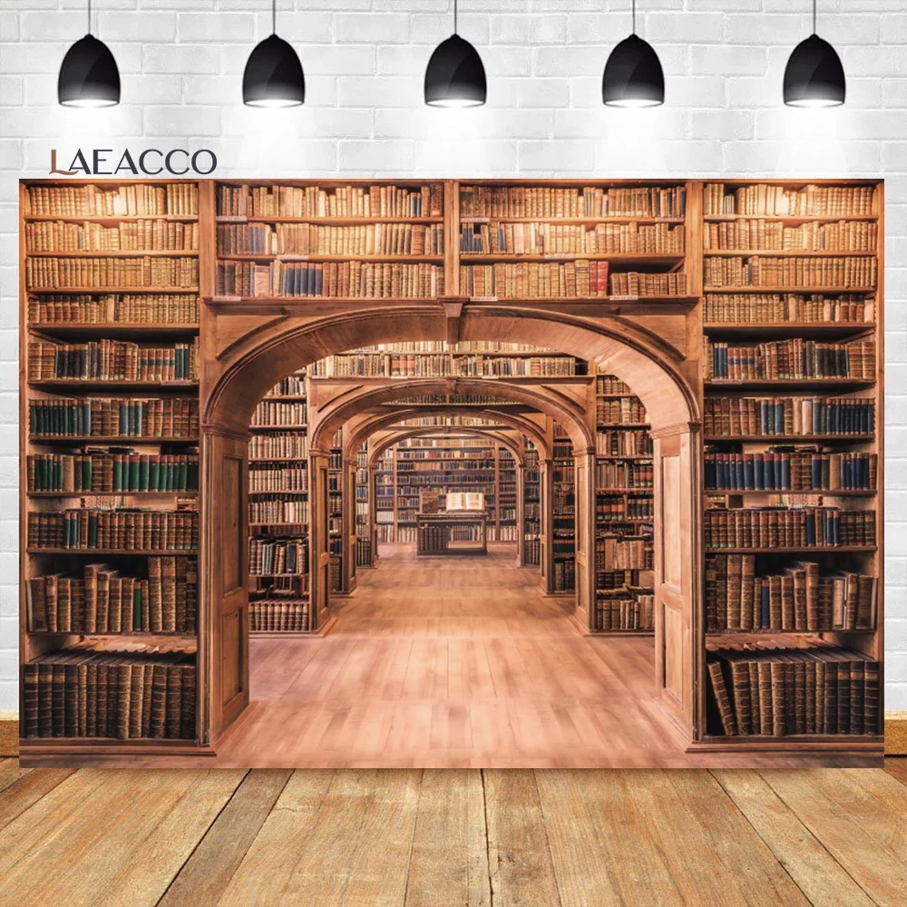 Laeacco Bookcase Photography Backdrop Vintage School Library Study Bookshelf Scene Kids Back to School Adult Portriat Background