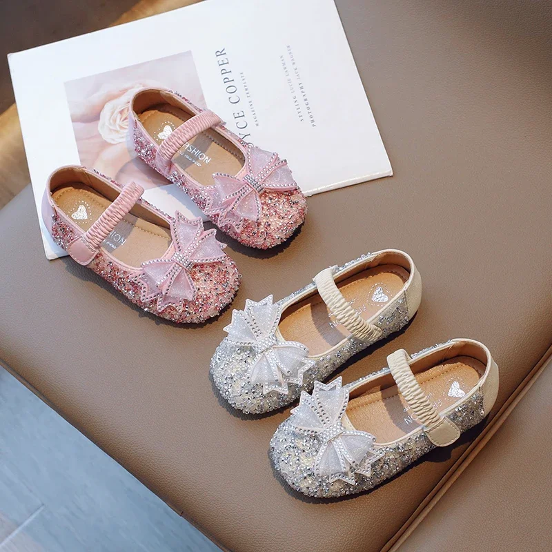 

Girl's Princess Shoes Pink Beige Crystal Glimmer Kids Flat Shoes Autumn Luxury Party Beautiful Hook-loop 23-35 Children Shoes