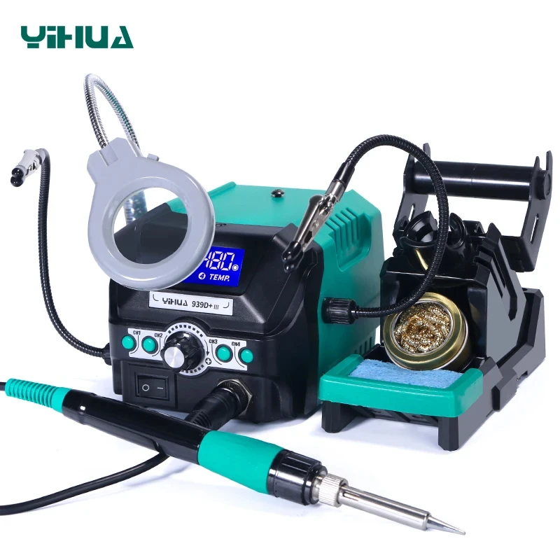 محطة مكواة لحام 110 وات YIHUA 939D+ III مع مكبر LED 2 تمساح 4 قنوات ينو 200 ℃ ~480 ℃   أداة إعادة صياغة ديسولديرينغ