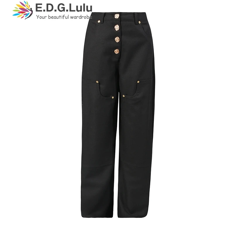 EDGLuLu Fashion Leisure Street Straight-Leg Pants 2025 Design High Waist Single-Breasted Black Wide Leg Pants 1115