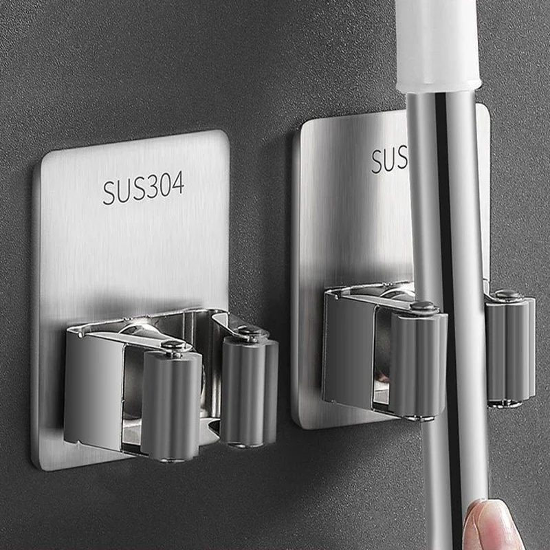 304 Stainless Steel Mop Holder Hook Wall Mounted Mop Organizer Rack Brush Broom Mop Hanger Kitchen Bathroom Storage Strong Hook