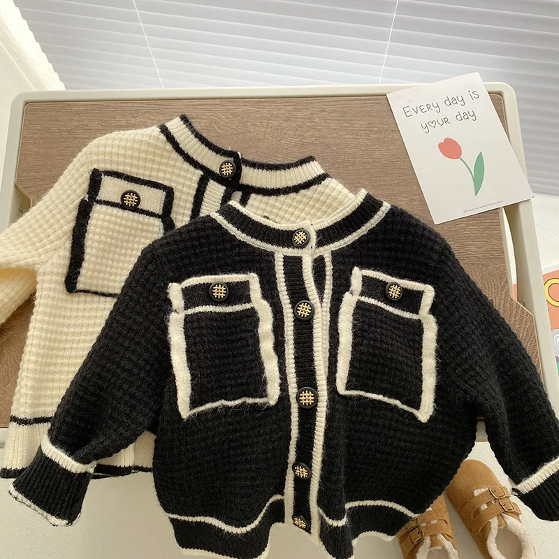 2023 Winter Toddler Girls Contrast Knitted Sweater Jackets Kids Clothes Spring Baby Girl Fashion Knitwear Children Cardigan Tops