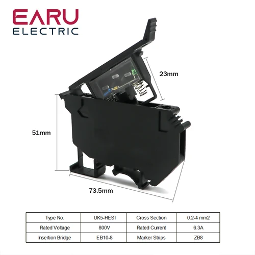 Imagen 2 del producto 10 unids/lote bloques de terminales de carril Din UK-5-HESI conector negro tornillo fusible bloque de terminales conector tornillo portafusibles Conductor