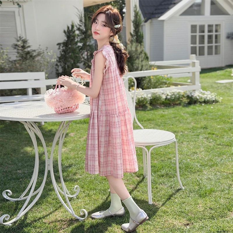 Girls Dress Summer Sweet Cute Pink Plaid Sleeveless Dress A Line Children Clothes 2026 Garden Versatile Loose Comfortable 4