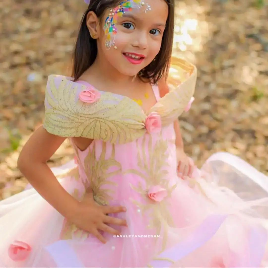 FATAPAESE Customized Pink Flower Girl Birthday Dress Barbie Embroidered with Three Dimensional Petals Gown Lace Up Ball Dresses