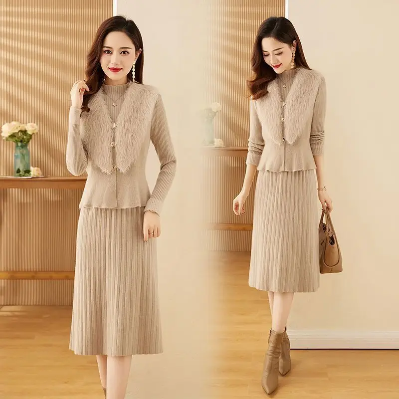 Fashion and Casual Women's Set Autumn and Winter New V-neck Vest Knitted Medium Long Dress Elegant Women's Two-piece Set