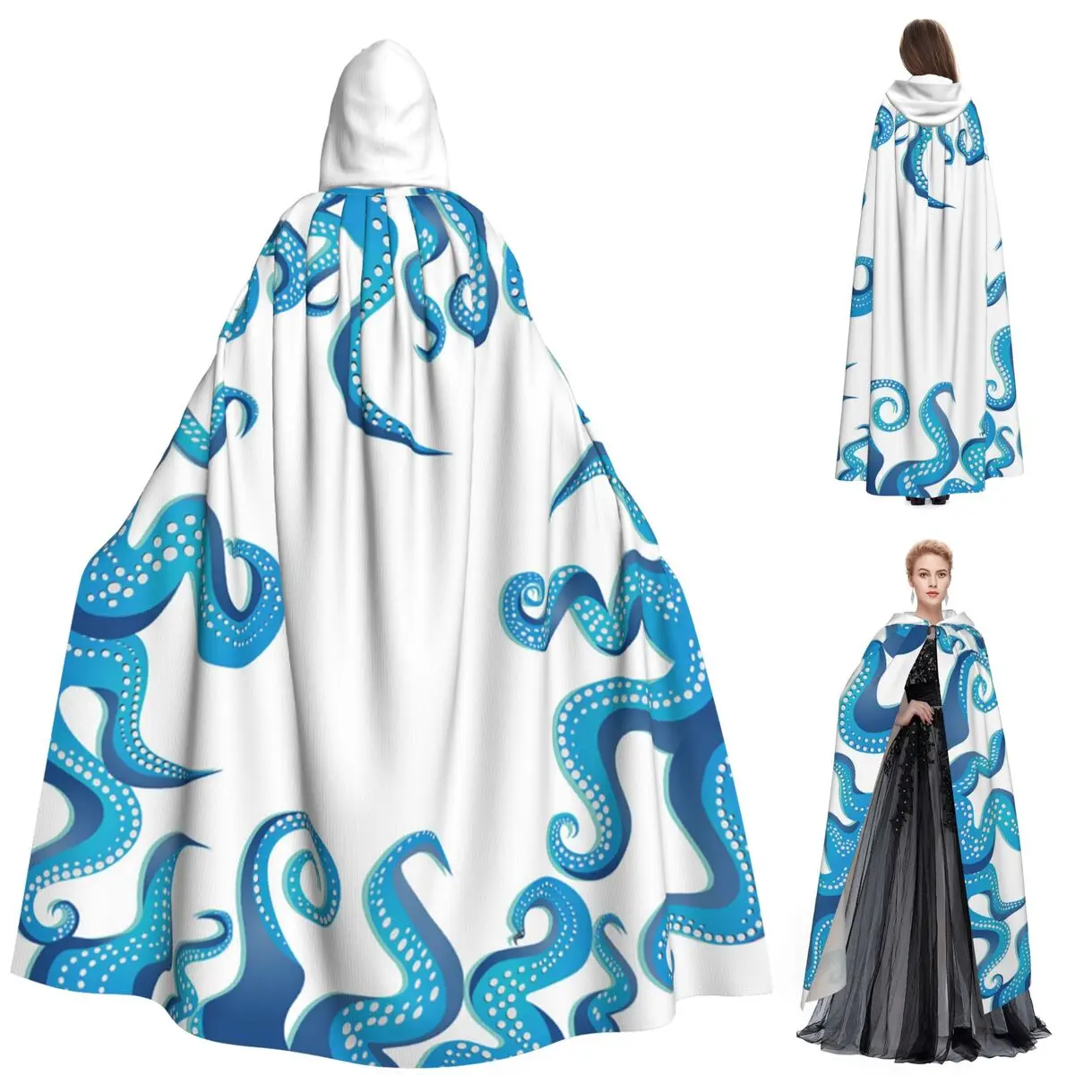 

Синий и белый осьминог, щупальца, длинный плащ с капюшоном, средневековый костюм ведьмы, накидка для косплея, пальто на Хэллоуин для взрослых, унисекс