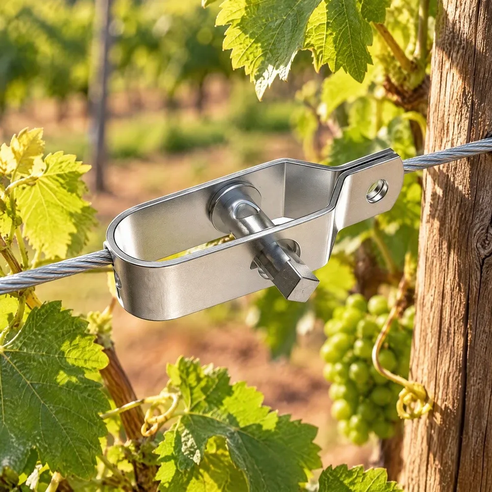 Tensioner for Grape Trellis Designed for Integration with Common Greenhouse Post Types and Wire Anchoring Points