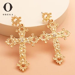 Obega Vintage Anique Hollow Out Cross Dangle Stud Earrings For Women Shiny Gold Color Long Metal Earrings Statement Jewelry