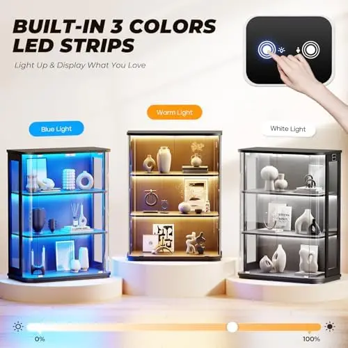Rounded Display Cabinet with Glass Door, 3-Tier Curio Cabinet with 3 Color Lights for Collectibles, Glass Display Case view 5