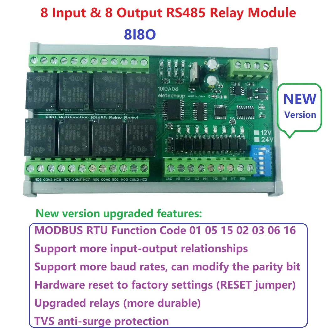 

12V 24V Relay Multifunction Board with RS485 IO and 8 Optically Isolated NPN Inputs