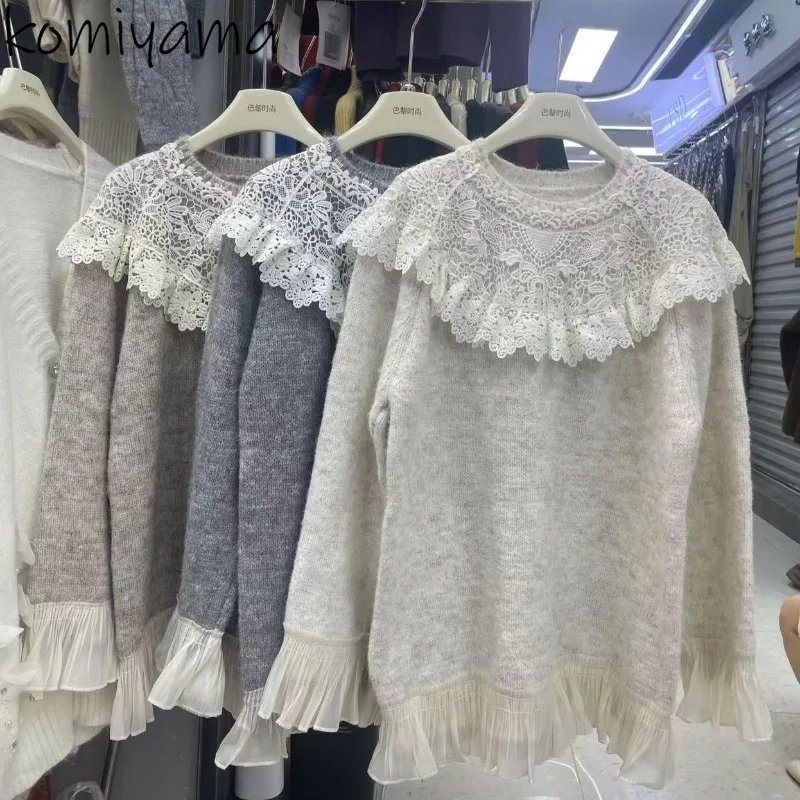 Em torno do pescoço diamantes rendas ropa mujer 2024 mulher camisola nova solta outerwears outono inverno roupas femininas pulôveres emendados