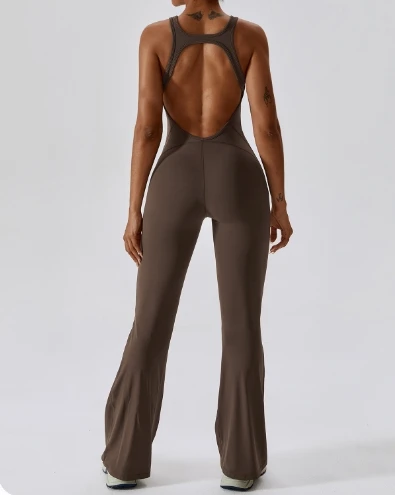 

Athleisure Women's jumpsuit casual solid color V-neck sleeveless backless fitness hip lifting micro trumpet yoga suit jumpsuit