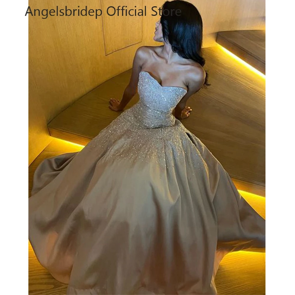 Angelsbridep แชมเปญลึก Dresses 2023 Sweetheart Beadings Sequins ซาตินชุดราตรีพรรคประกวดชุด Robe De Soirée