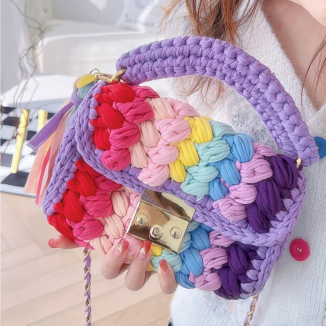 2024 borsa a mano all uncinetto da donna INS borse quadrate colorate borsa a tracolla piccola fatta a mano da donna borsa Hobo creativa per feste di matrimonio AliExpress