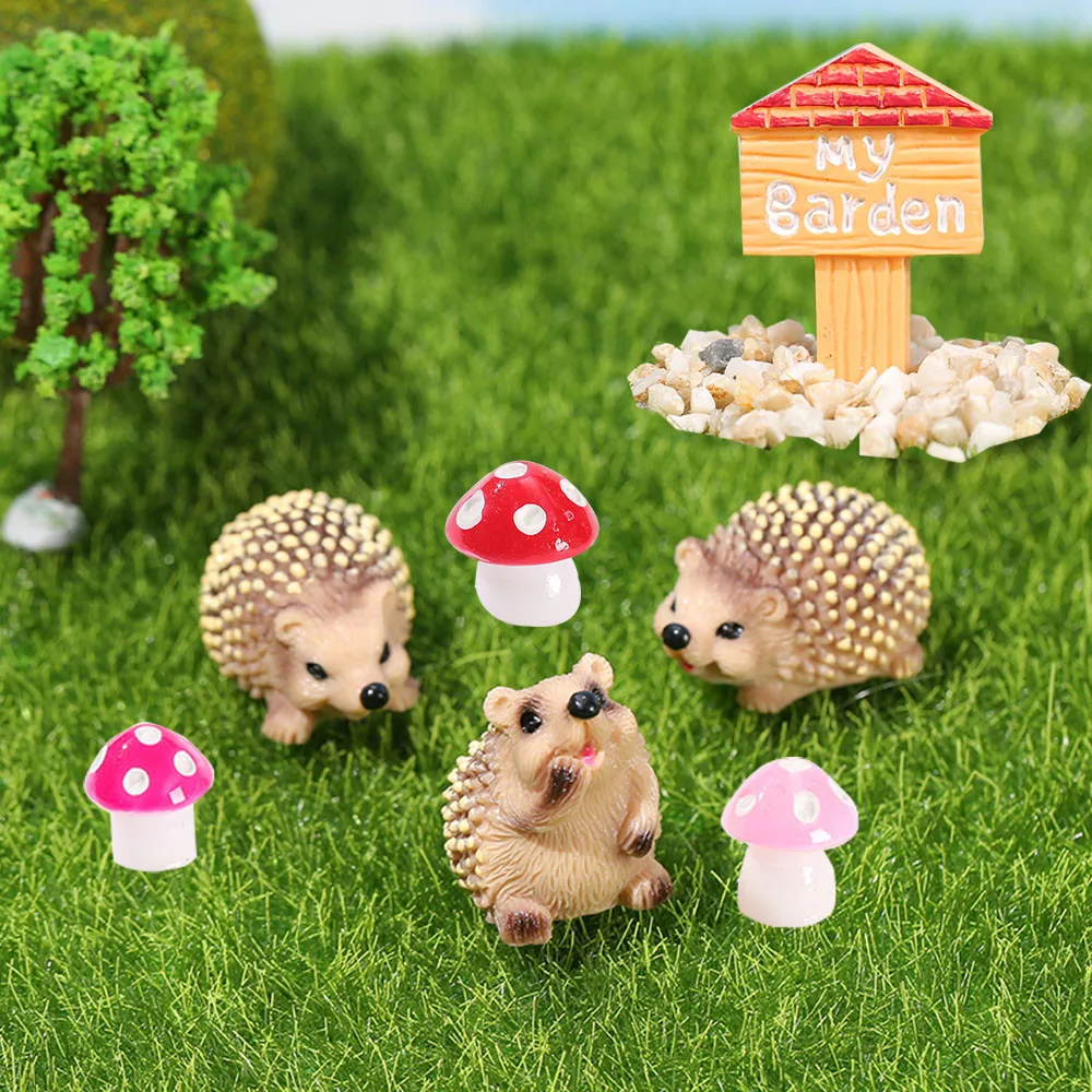 

7 шт., смоляные ежи, грибная скульптура, сказочная дикая садовая статуя для наружного сада