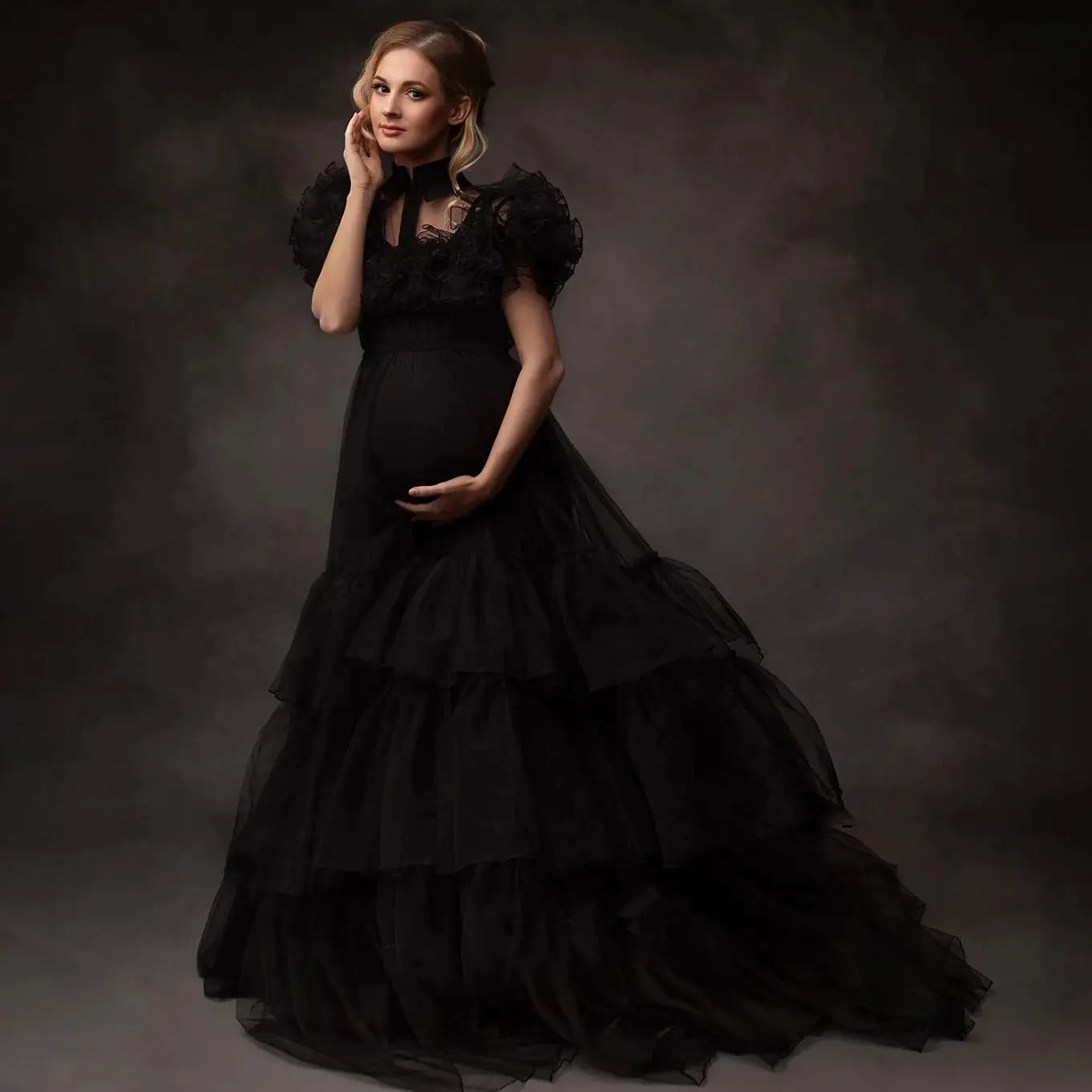 Black Maternity Dresses for Photoshoot A Line Empire Prom Dress Babyshower Women Tulle Tiered  Pregnant Vestidos de Gala