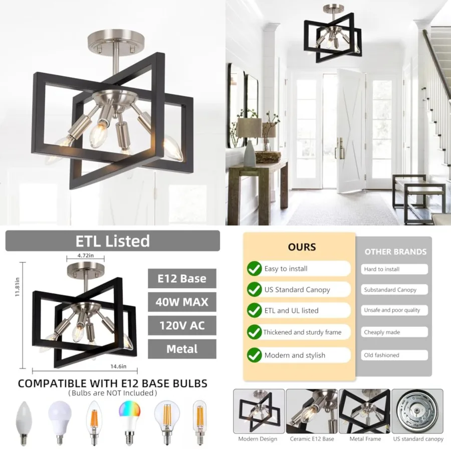 

Semi-Flush Mount Ceiling Light - Modern Industrial Light Fixture Chelier, 4-Light Farmhouse Ceiling Lamp for Kitchen Foyer Entr