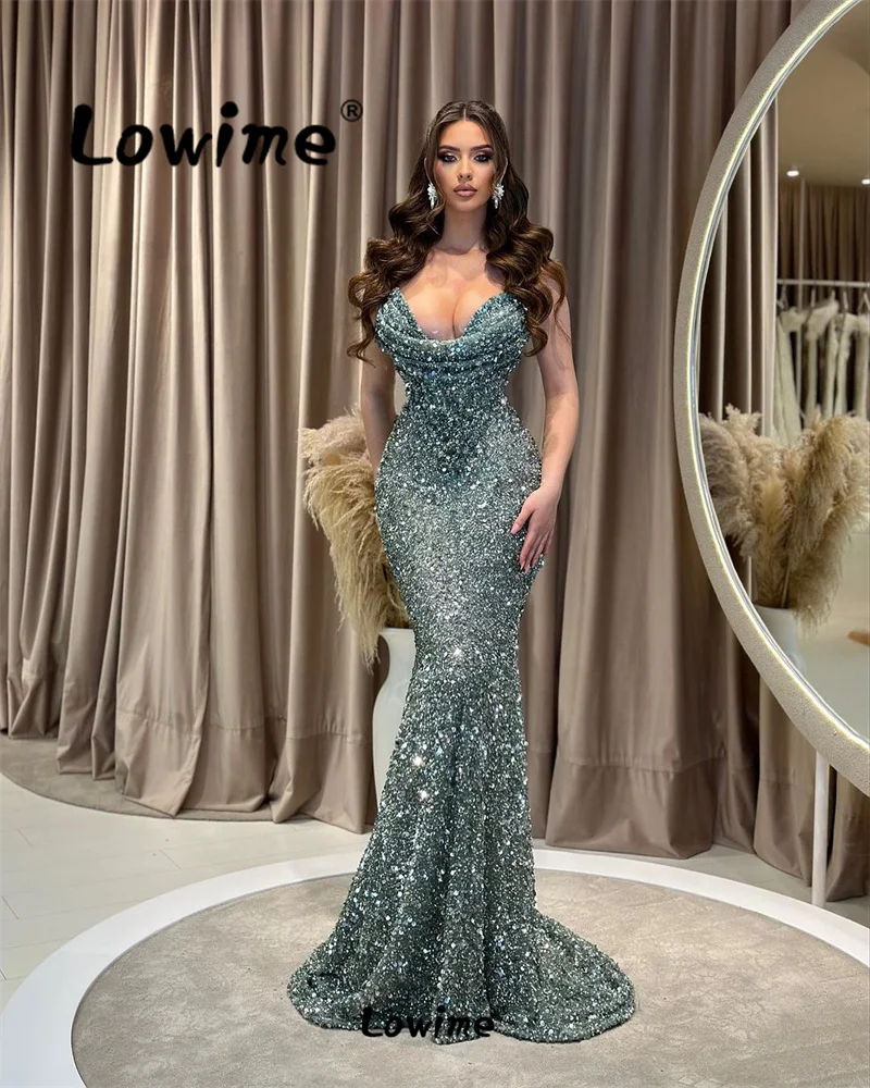 

Robe De Soiree Green Sequins Beaded Long Prom Dresses Aso Ebi Mermaid Prom Dress 2024 Party Second Reception Evening Gowns 2024