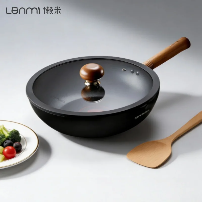 Sartenes Antiadherentes LANMI de 28/30 cm, Sartén Negra de Bajo Contenido de Humo con Revestimiento de Cristal de Titanio, Sartén para Controlar la Grasa en el Hogar, Ollas para Comidas Ligeras y Saludables