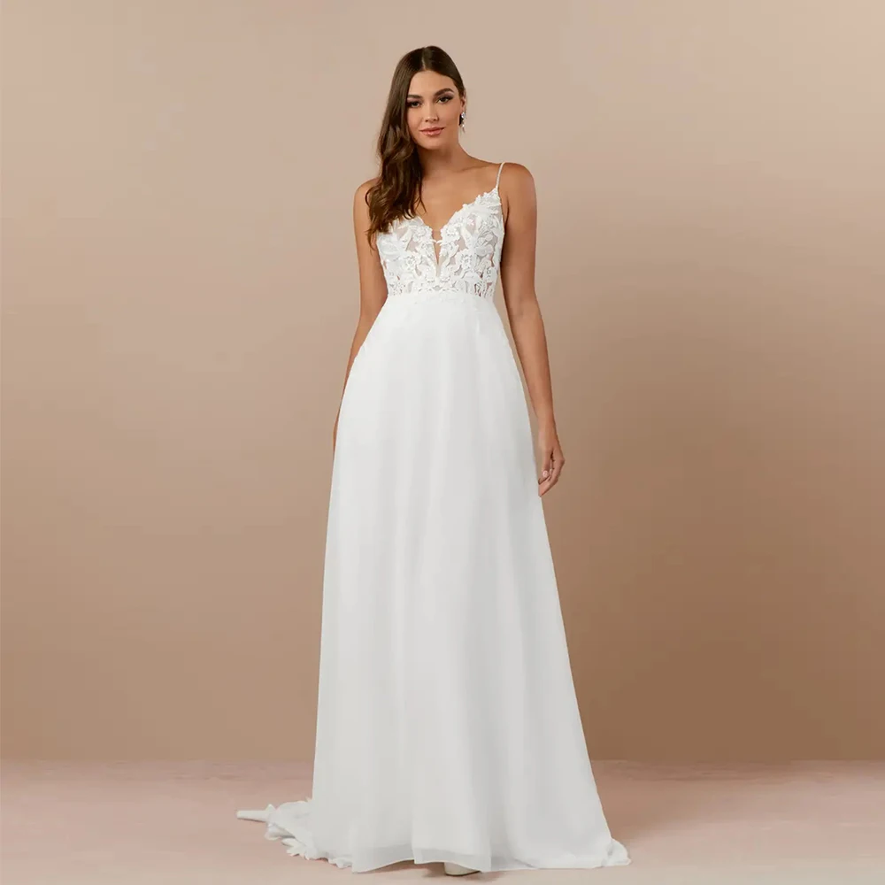

Simple Ivory Wedding Dresses for Women 2025 Spaghetti Straps New Sleeveless Bridal Gowns with Lace Chiffon Vestido De Novia