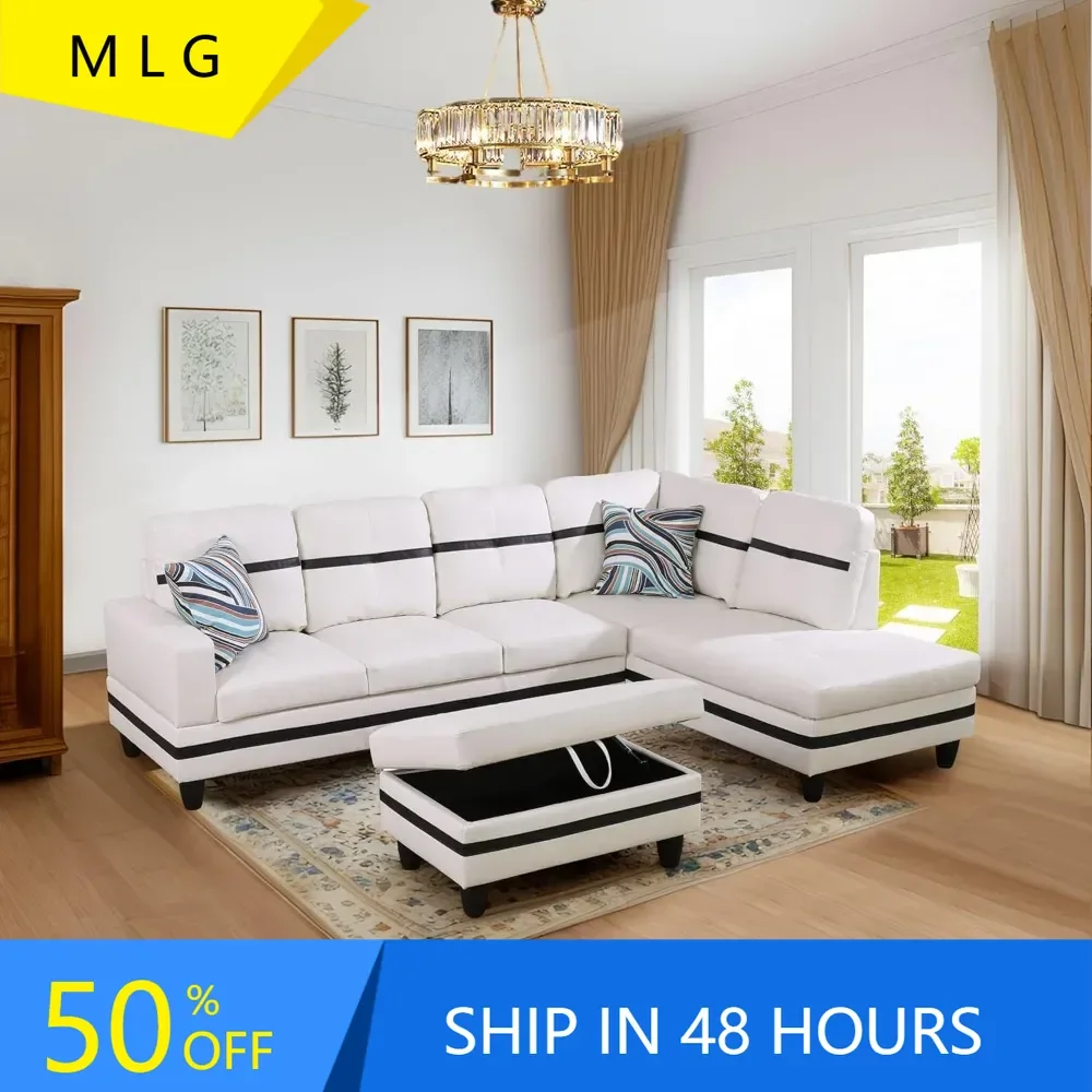 

L Shaped Couch PU Leather Sectional Couch Upholstered 3 Pieces Sofas with Chaise, Ottoman with Storage for Office，Apartment