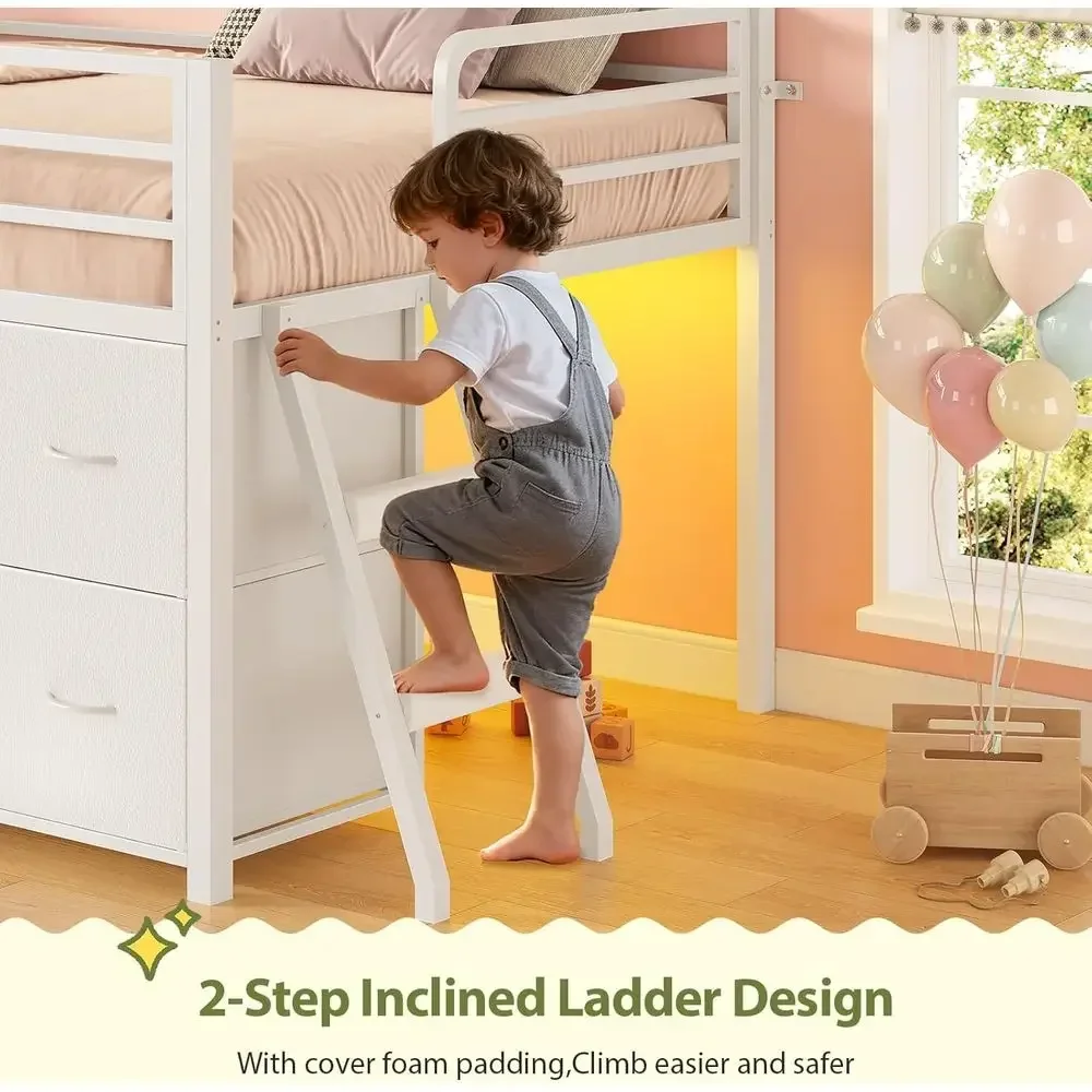 Twin Size Low Loft Bed with RGB Lights, 8 XL Drawers, Kids Play Area, 2-Step Ladder, Anti-Tip Kit (White) view 4