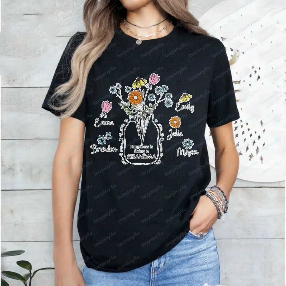 Custom Floral Grandma Nana Cotton T-Shirt with Grandkids Name Gift for Grandma Mothers Day Tee Personalized Grandma Shirt Tops