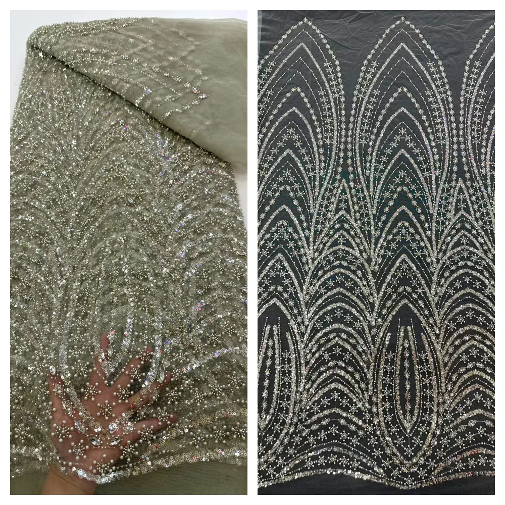 

White Nigeria Lace African Lace Fabric with Beads Sequins High Quality Nigerian Mesh Net Lace Fabric for Wedding Dress