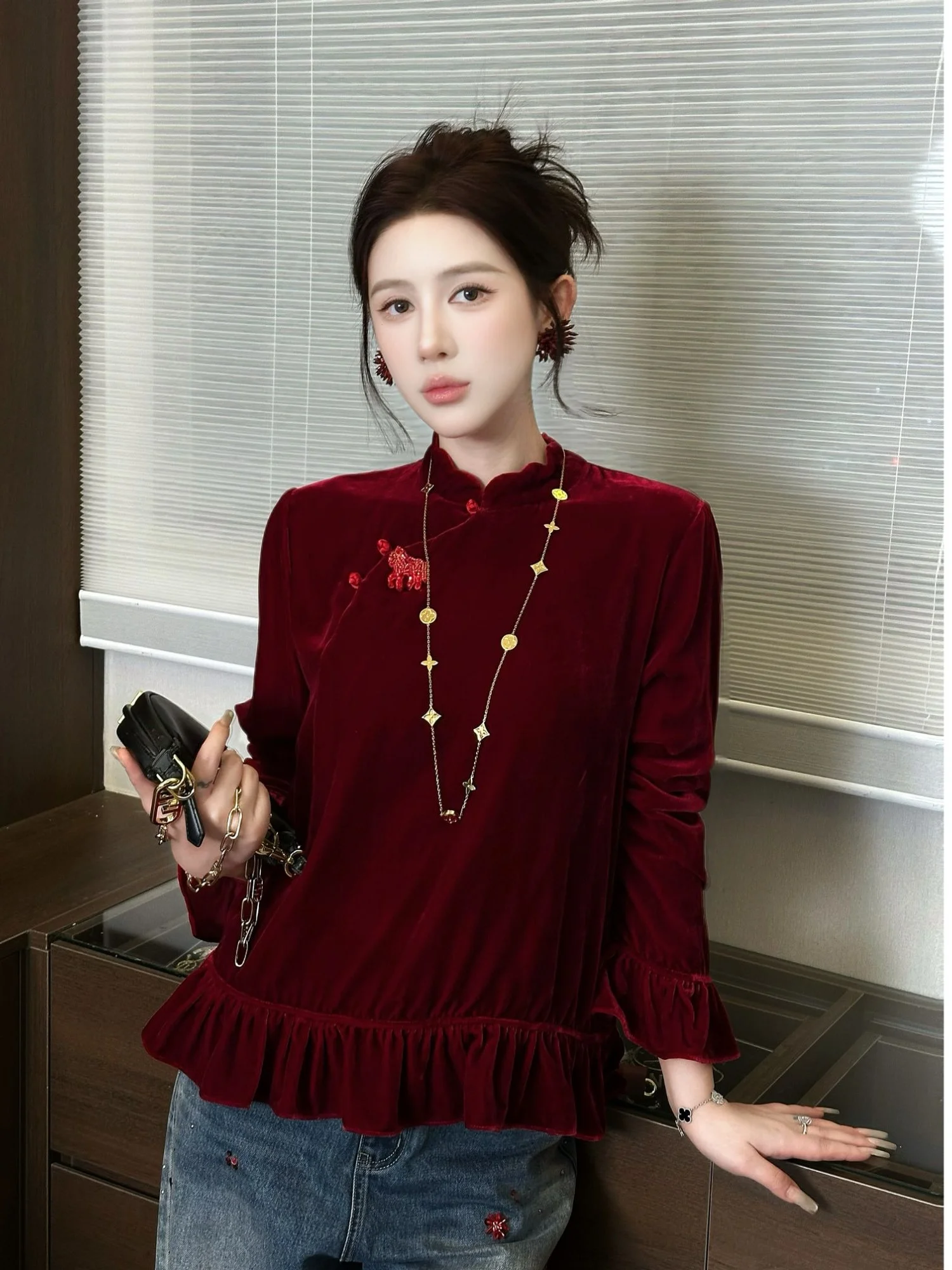 

Женская повседневная блузка из натурального шелка и вельвета, приятная к телу, облегающая, свободного кроя, в китайском стиле