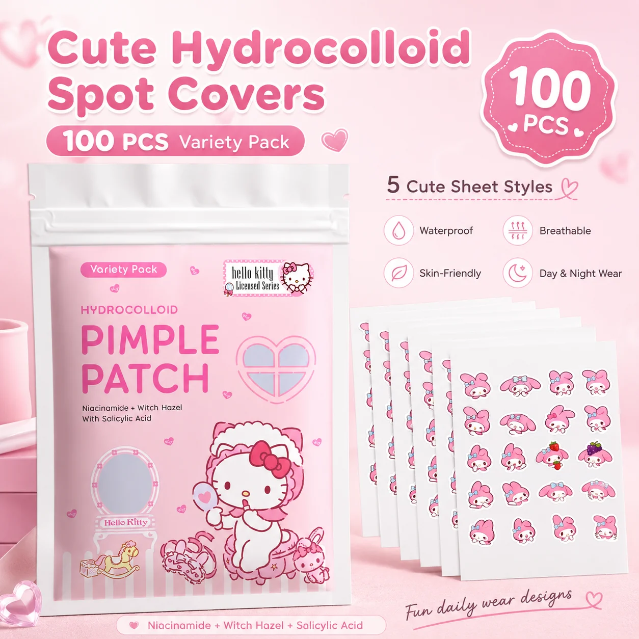 100PCS hello kitty Acne patches, facial acne patches, hydrogel acne removal patches, concealer