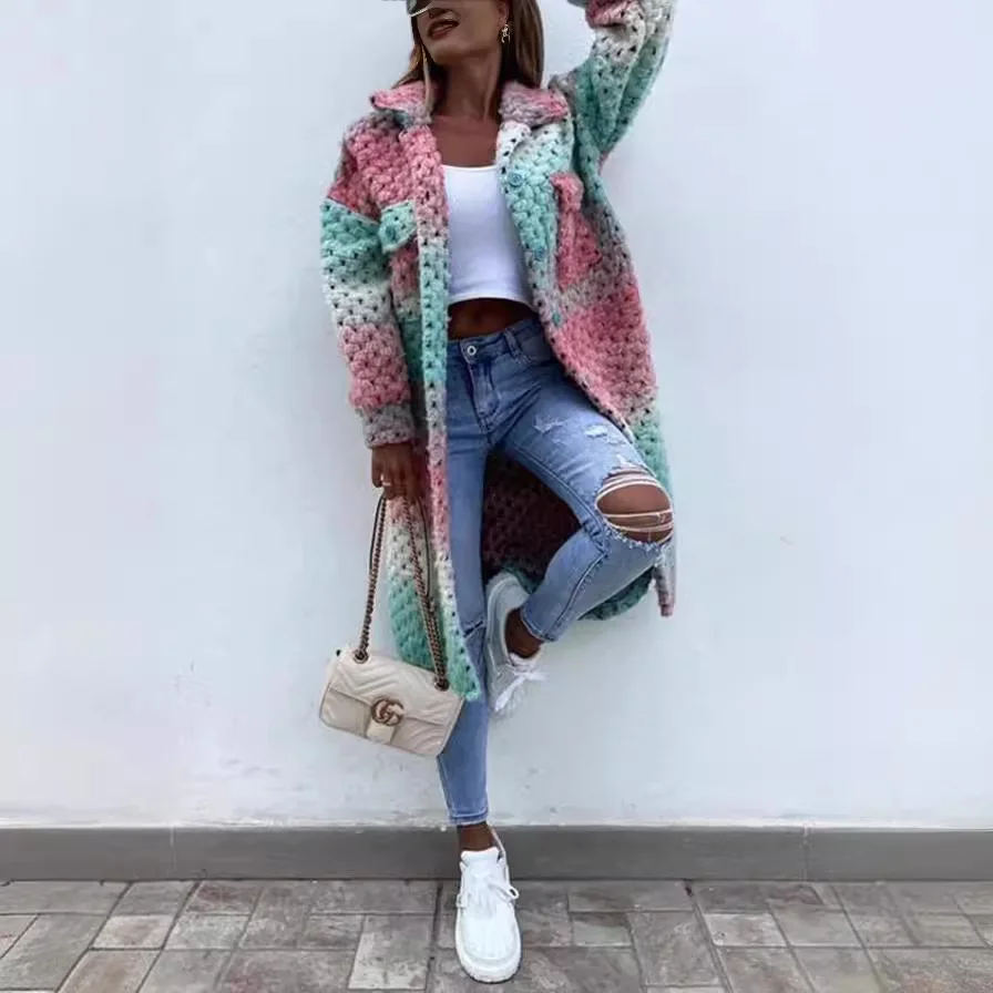 

Loose Sweater Coat with Collar Autumn Winter Plaid Sle Women's Faion Long Sve Mid-Length Coat Independent Station New ...