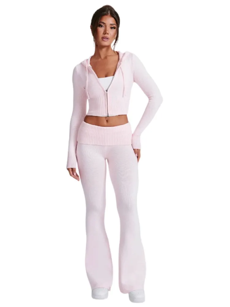 الموضة العصرية محبوك 2 قطعة مجموعات المرأة ضئيلة قصيرة مقنعين سترة بنطلون قطعتين مجموعة الشارع الشهير سيدة التنقل الملابس