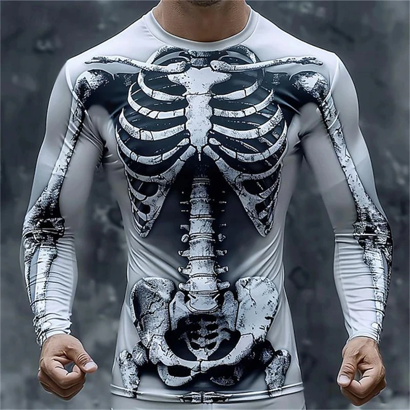 Retro 3D Full Print Long Sleeve T-shirt Mens Y2k Vatage Skeleton Skulls Graphic Harajuku Tee Tops Casual Harajuku Men\'s Clothing