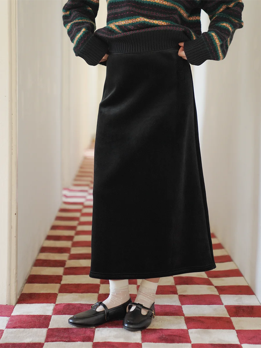 

Mouti Vintage Commuter Velvet f Skirt High Waist Slim A-Line Long Skirt Women's Faion Casual Polyester Fiber mid Stretch