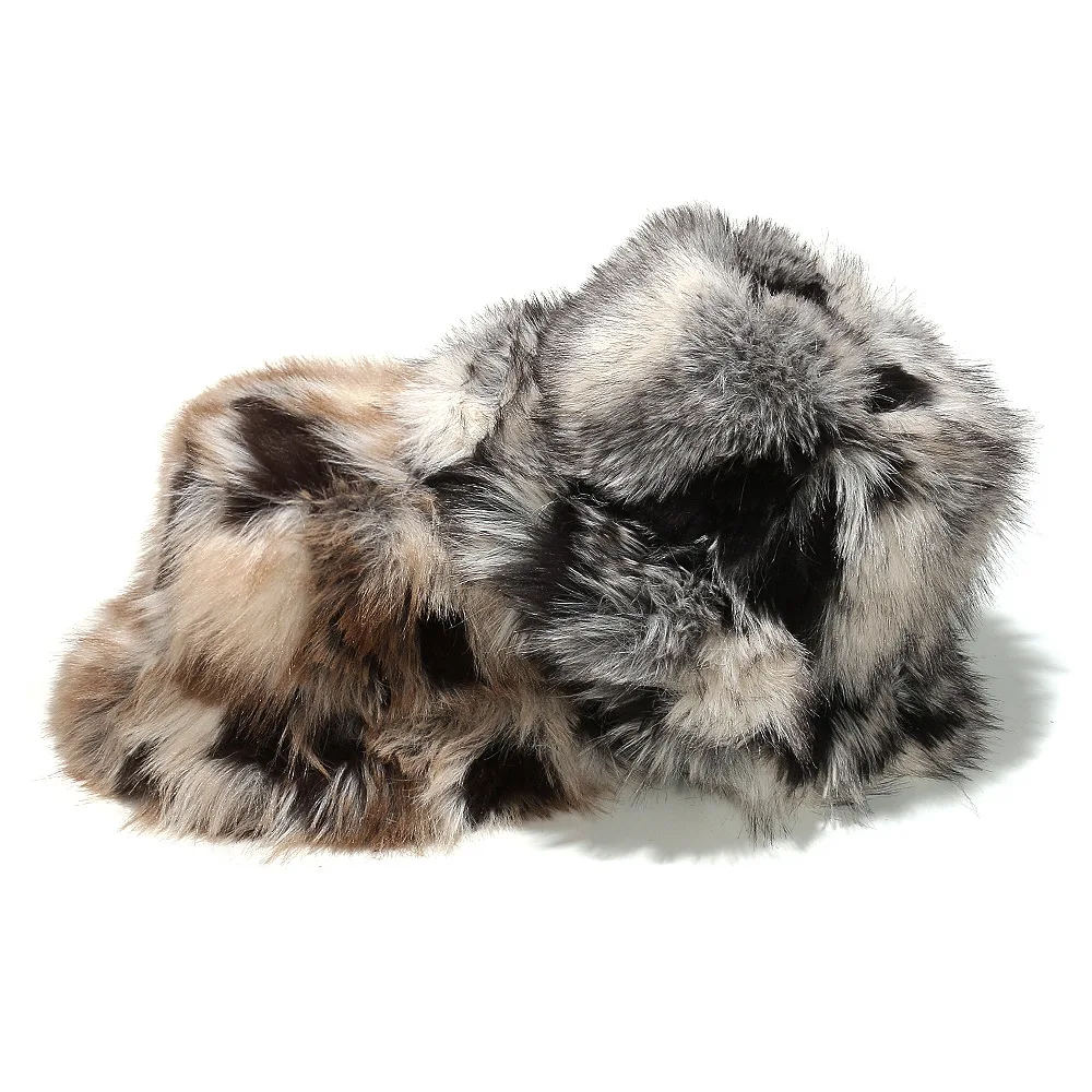 Women's Warm Faux Fox Fur Boater Hat Autumn Winter New Gradient Color Fisherman Cap with Ear Flaps