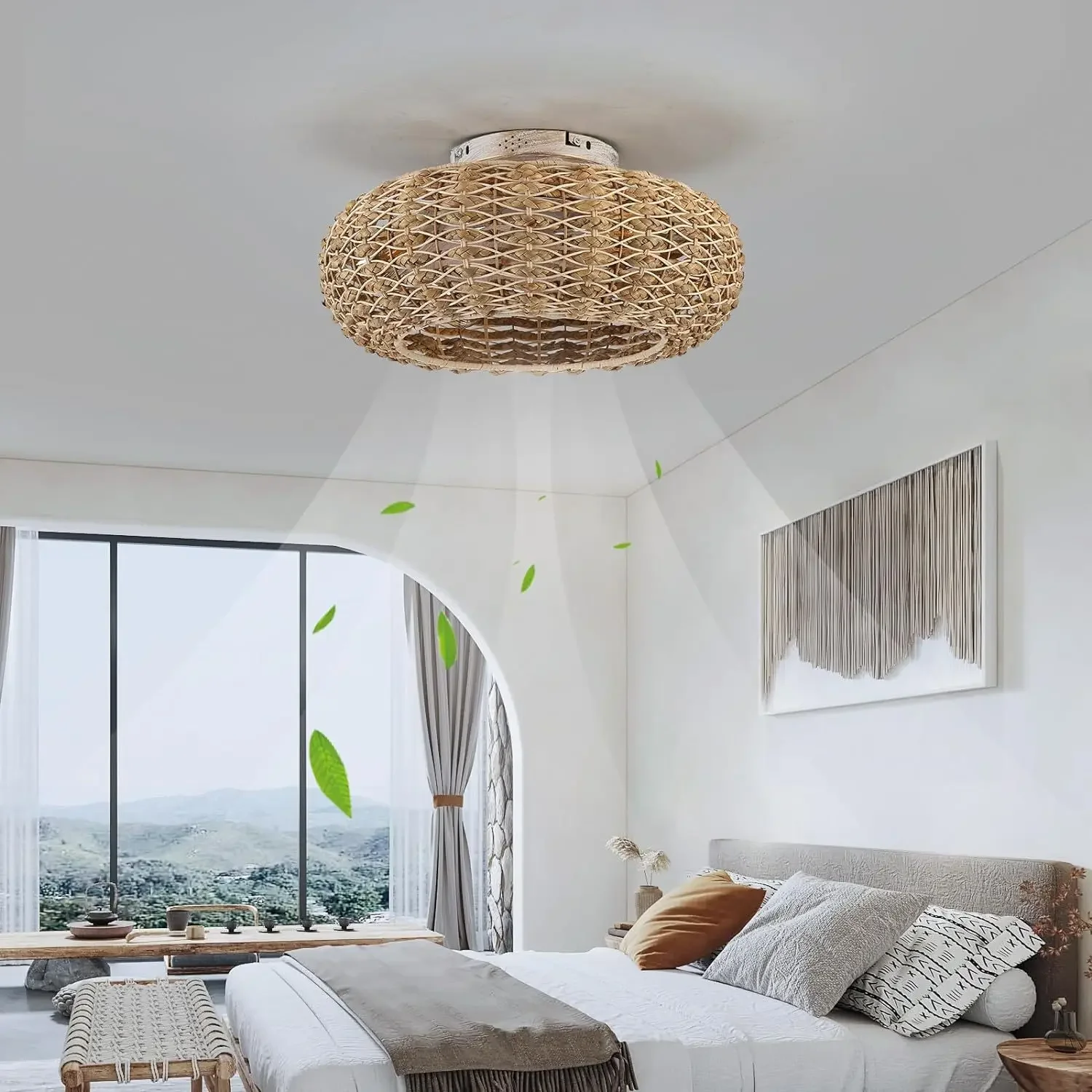 

Retro minimalist ceiling fan light hemp rope iron cage industrial style bedroom Home Decoration fan rattan rope fan light 110v