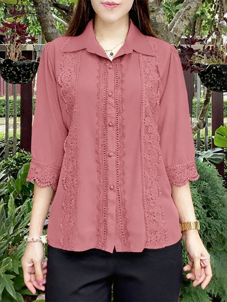 

ZANZEA Elegant Womens Lace Paneled Pink Shirts Casual Turn-Down Collar 3/4 Sleeve Button Up Tops Autumn 2025 Woman Clothes S-3XL