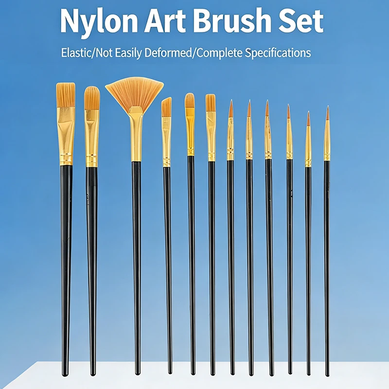12pcs  Nylon Paint Brushes Set Flat Bristle Watercolor Brushes for Oil Acrylic Painting for Artist Students Hobby and Classroom