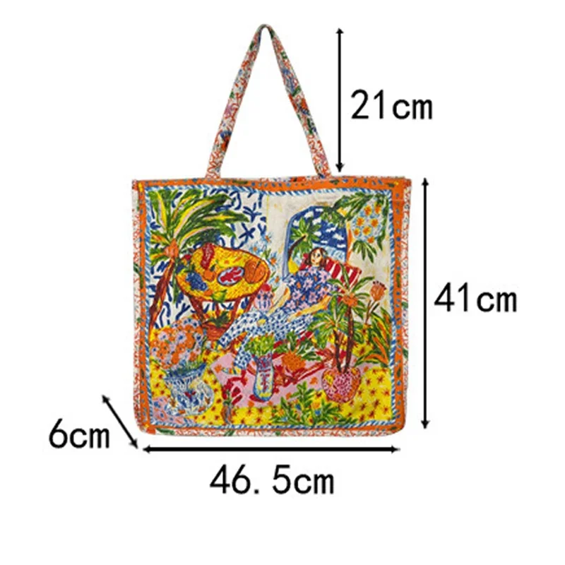 Double-sided Printing Dual-use Handbag Canvas Shopping Bags Ladies Large Capacity Casual Retro Illustration Tote Shoulder Bag