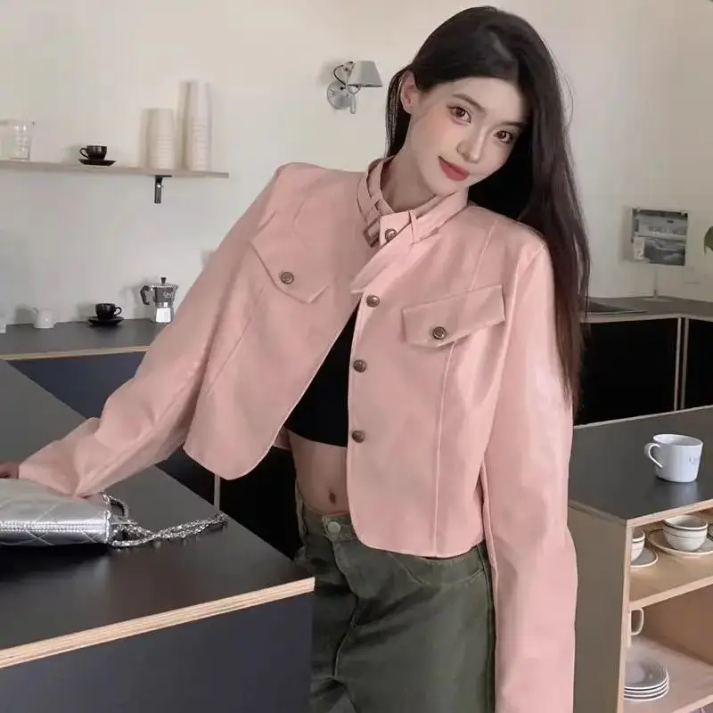 Leather Cropped Jacket Stand Collar Button Design Pink Spring Vintage Long Sleeves Women Coat Solid Windbreaker Korean Fashion