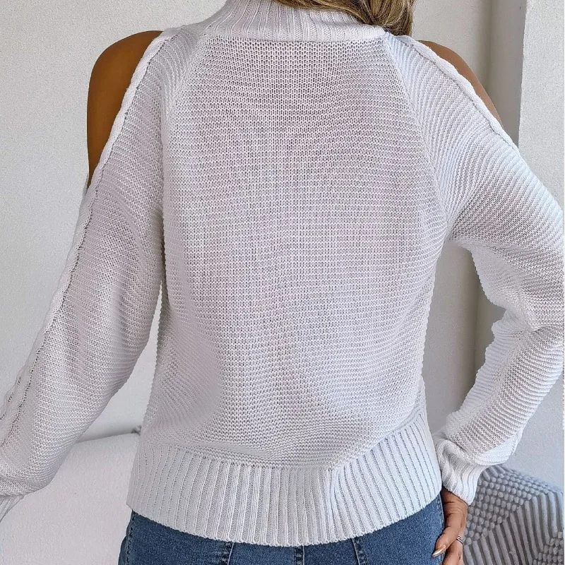 Autumn and Winter Women\'s Pullover Solid Off Shoulder High Neck Screw Thread Hollow Out Long Sleeve Knit Pullover Sweater Tops