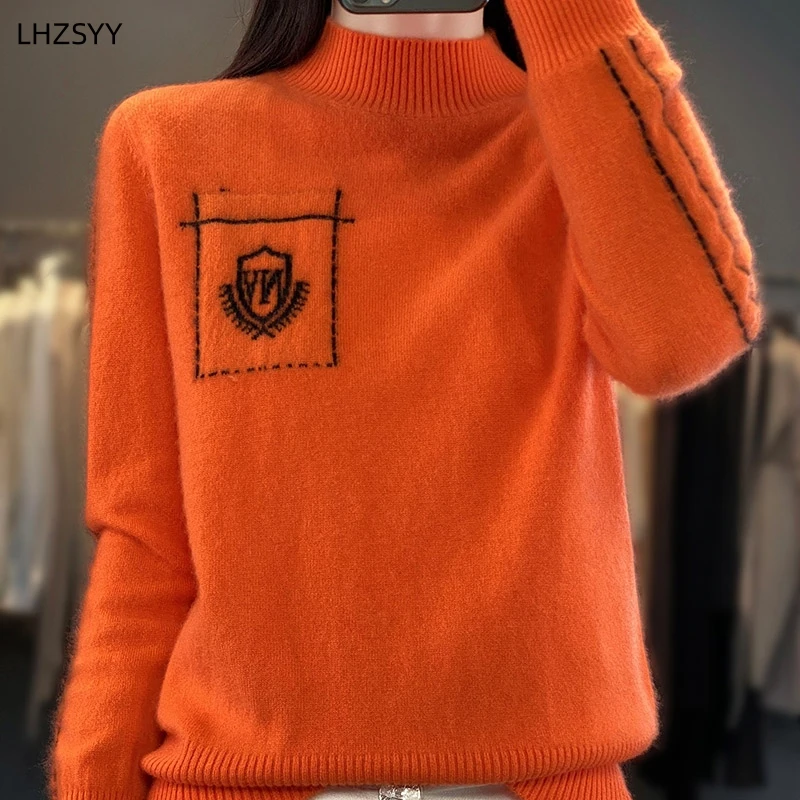 LHZSYY 100%Merino Wool Sweater Women Jacquard Loose Pullovers Autumn Winter Half-high-Neck Fashion Tops Cashmere Knit Base Shirt