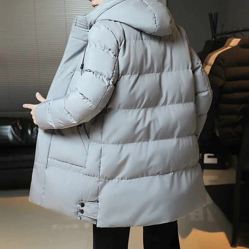 Long Parkas Men'S Korean Version Popular Bread Down Cotton Thickened Warm Coat Boy New Winter Fashion Youth Middle Long Jacket