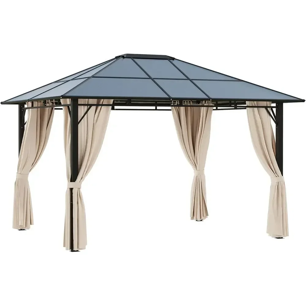 10' x 12' Hardtop Gazebo with Polyte Roo, e, Permanent Pavilion Outdoor Gazebo with Netting, or Patio, Garden, Backyard, Deck, L