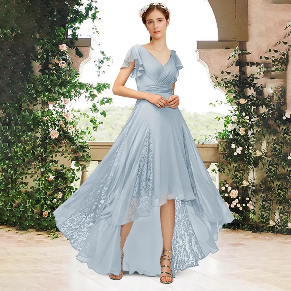 

UETEEY Asymmetrical Bridesmaid Dress V Neck Short Sleeve Pleats Chiffon High Low Wedding Party Gowns With Lace Brush Train 2022