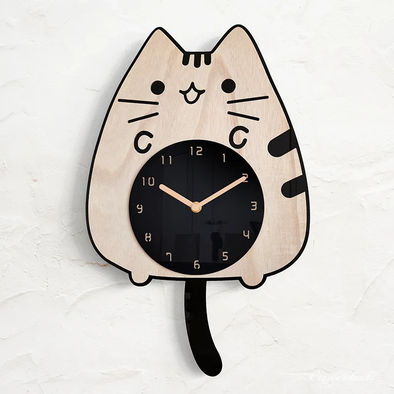 

3D Wooden Cartoon Cats Wall Clock Home Decoration Children Room Decor Wagging Tail Creative Quiet Quartz Digital Swinging Clock